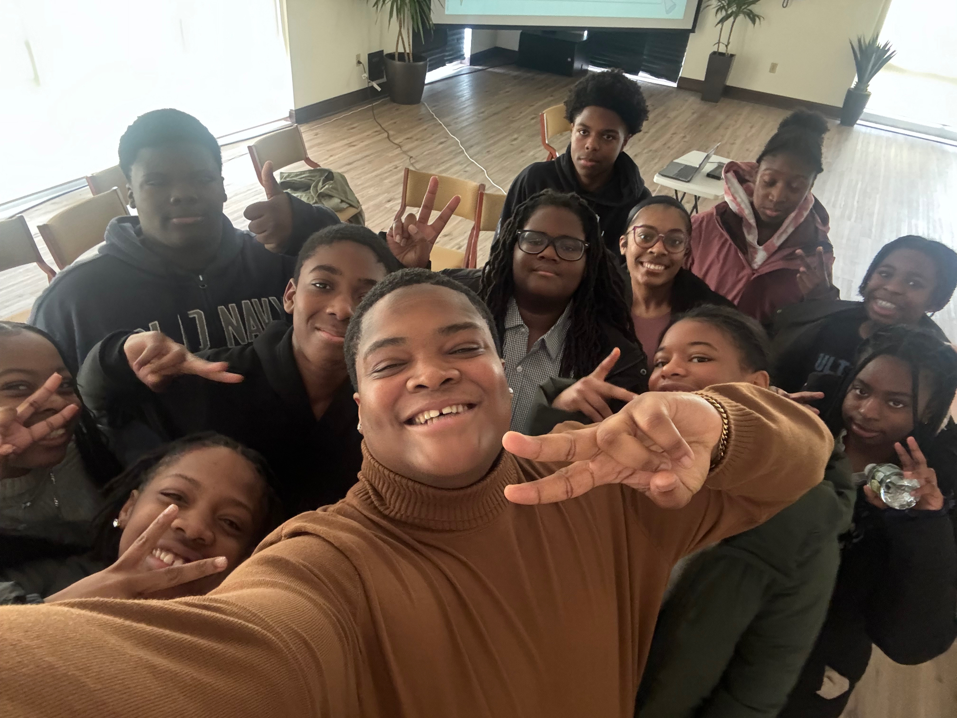 Group selfie with students during a Shift and Succeed workshop