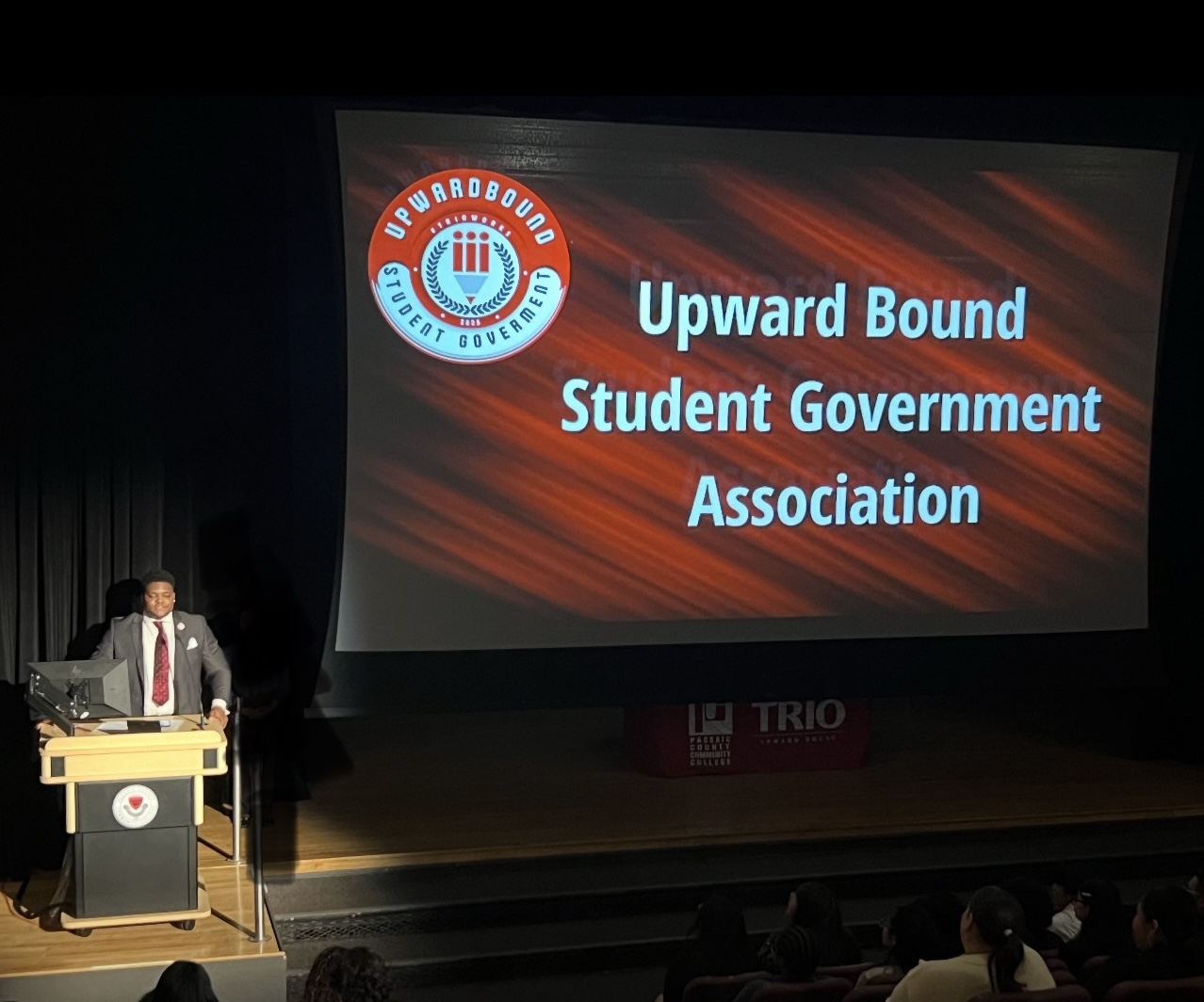 Jeffrey Bryan speaking at an Upward Bound Student Government Association event